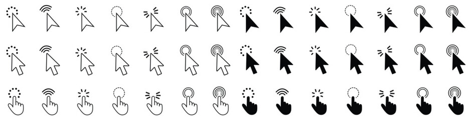 mouse cursor arrow click pointer icon set in editable stroke and solid style vector illustration isolated on white bg.