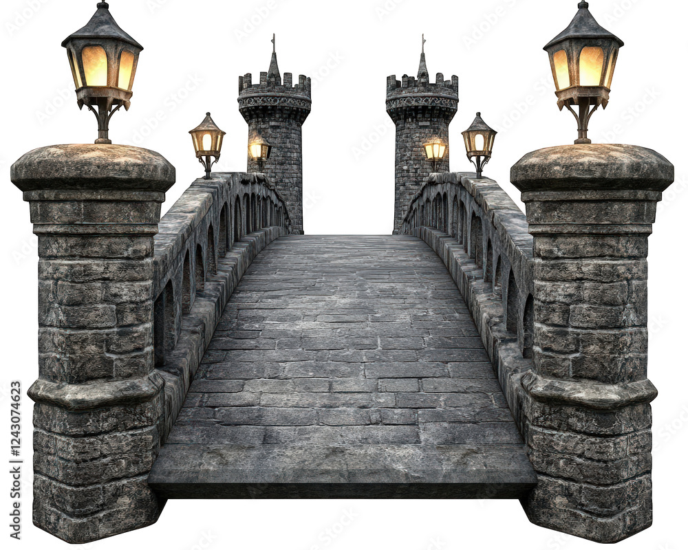 Poster medieval stone bridge with torches, leading to castle, creates mystical atmosphere. sturdy structure