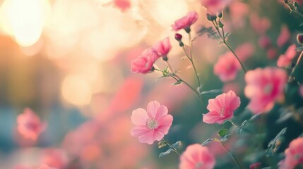Fototapeta premium Pink Flowers Bloom Gently in the Warm Sunlight, Summer Garden Beauty