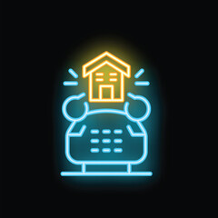 Blue and yellow neon sign representing a phone announcing a new home, ideal for real estate and communication purposes