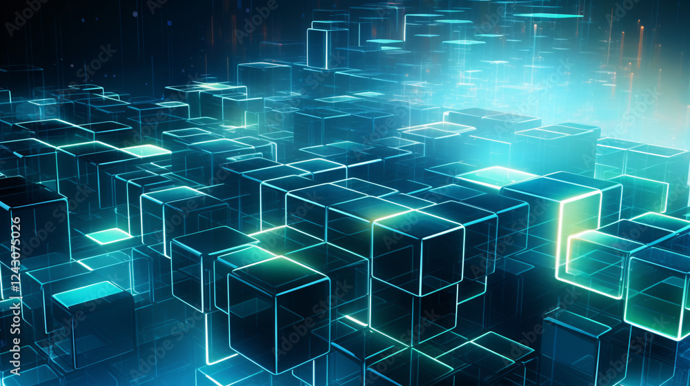 Poster an abstract modular block design with interlocking blue 3d cubes, perfect for technology-themed disp