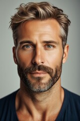 Obraz premium arafed man with a beard and a blue shirt looking at the camera