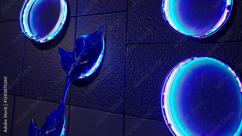 Aufkleber glowing circular cutouts set into a dark tiled background with large blue leaves. a