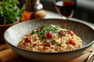 Creamy tomato risotto, restaurant setting