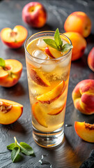 Fototapeta premium Refreshing peach lemonade drink with fresh peach slices on a dark background