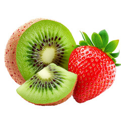 Fresh kiwi and strawberry, vibrant colors with detailed textures, isolated on white background