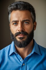 arafed man with a beard and a blue shirt looking at the camera