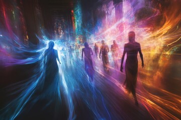 Fototapeta premium A group of people are walking down a street with a blue and purple background
