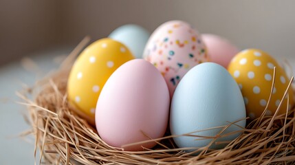 Easter day celebration with pastel tone easter eggs in a nest spring vibes close-up view