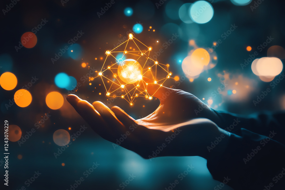 Poster scientist holding glowing molecular structure with network links, symbolizing innovation and discove
