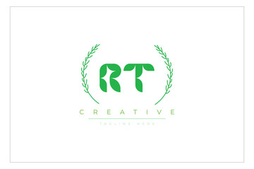 RT letters eco logo with leaf. Fresh nature and healthy leaf logo design.
