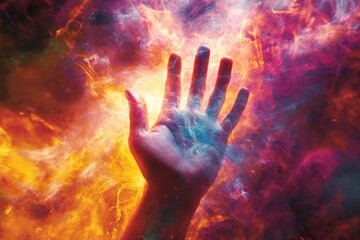 A hand is reaching up into a cloud of fire