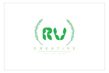 RV letters eco logo with leaf. Fresh nature and healthy leaf logo design.