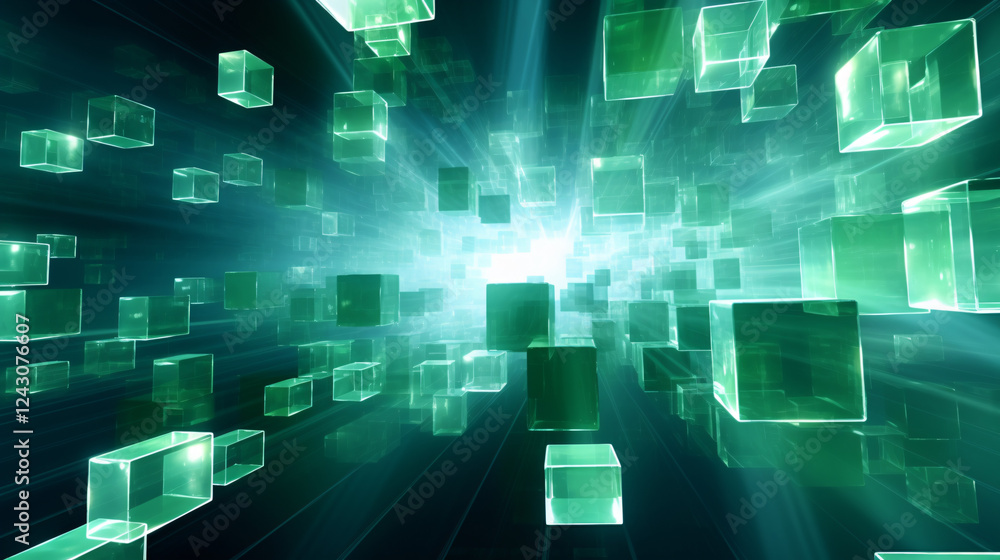 Poster an abstract scene featuring numerous green cubes falling through space, ideal for premium technology