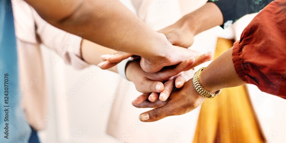 Poster diverse group of women hands in stack for teamwork. women hands in stack for teamwork. group of busi