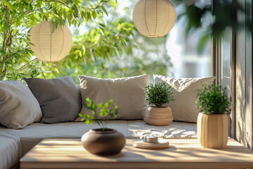 Cozy balcony working area white and light wood tone interior house japanese style