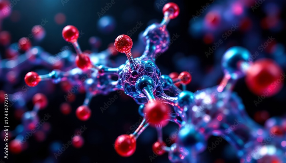 Poster microscopic molecular structure red and blue atoms bonds science technology abstract 3d rendering