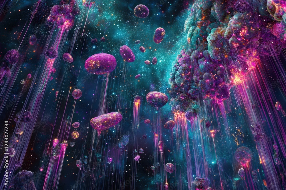 Poster a colorful galaxy with many purple and blue objects floating in space