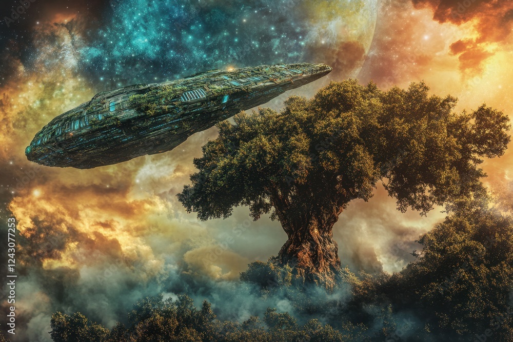 Poster a tree is surrounded by a cloud of mist and a spaceship is flying above it