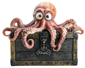 funny octopus peeking out from treasure chest, showcasing its large eyes and tentacles. This whimsical scene captures playful underwater adventure