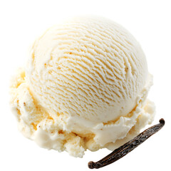 Scoop of delicious vanilla ice cream with creamy texture and vanilla pods, isolated on white background