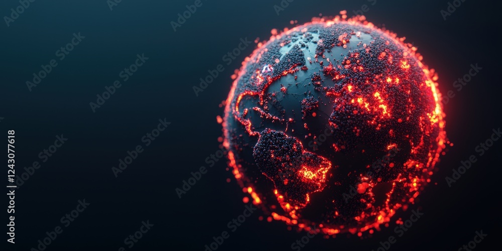 Poster pm 2.5 particles impact concept. glowing planet with fiery elements and intricate surface details.