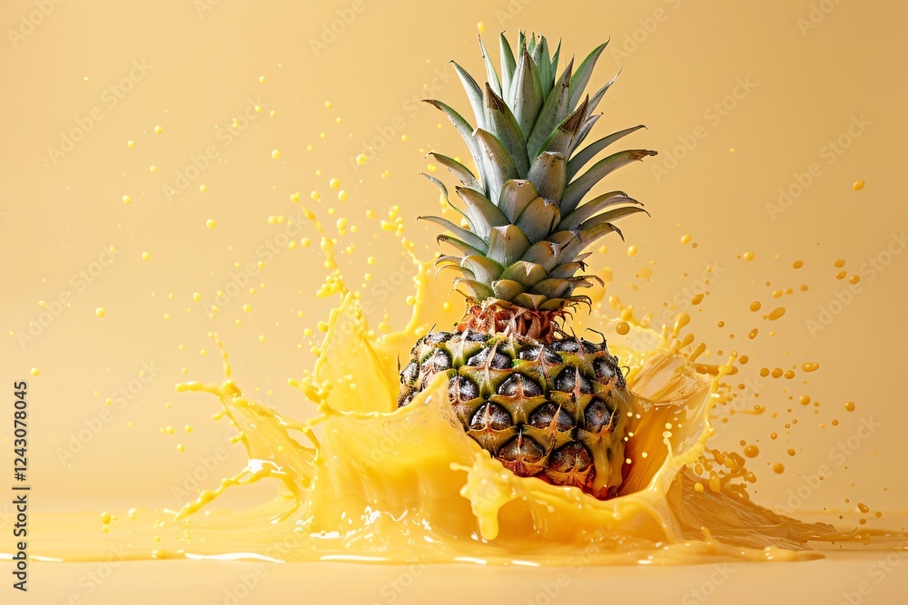 Aufkleber vibrant pineapple dropping into a sunny yellow liquid, creating a lively and invigorating image