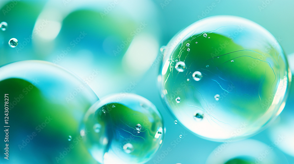Poster a green-toned background with blue bubbles, offering a refreshing and dynamic atmosphere for digital