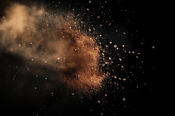 3D coffee powder explosion with scattered coffee beans on a black background, with copy space for text.