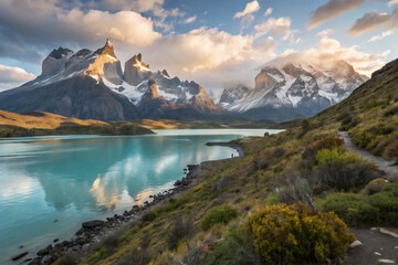 Fototapeta premium Majestic Mountain Landscape with Reflective Water and Lush Greenery