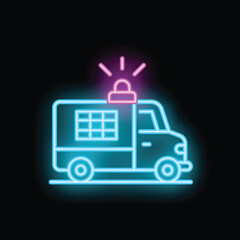 Neon icon of a police van, with siren flashing, perfect for projects related to law enforcement, security, or crime
