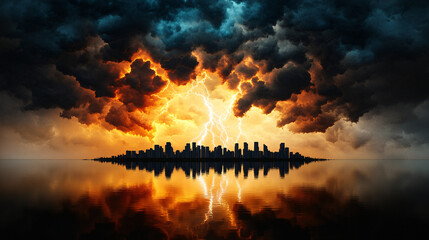 Dynamic and captivating photograph of thunderstorm over city skyline, showcasing dramatic clouds and lightning reflected in water