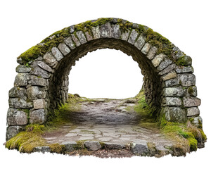 historic stone arch bridge with moss covered edges, surrounded by lush greenery, invites exploration and evokes sense of tranquility