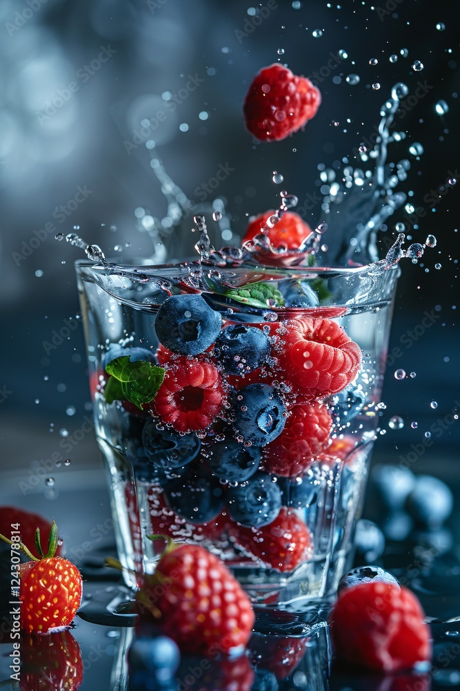 Aufkleber raspberries and blueberries with a hint of mint in a refreshing water infusion