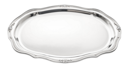 Empty oval silver tray shining on white background