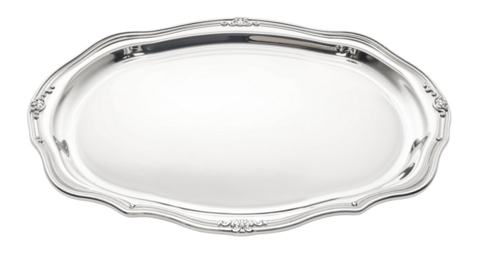 Empty oval silver tray shining on white background