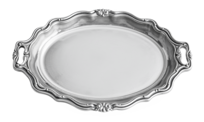 Empty oval silver tray with handles and ornate border on white background