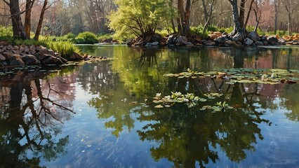 Obraz premium Tranquil Pond with Lily Pads and Reflective Natural Surroundings with meditative atmosphere