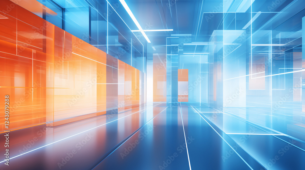 Poster a blue and orange abstract background with reflections, featuring a high-tech style, ideal for prese