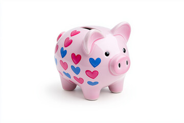 a piggy bank filled with tiny hearts, love and finance theme, photorealistic, soft red and pink, isolated on white background