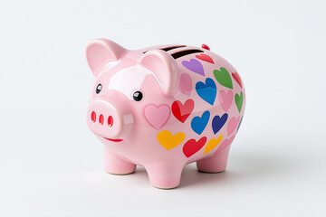 a piggy bank filled with tiny hearts, love and finance theme, photorealistic, soft red and pink, isolated on white background