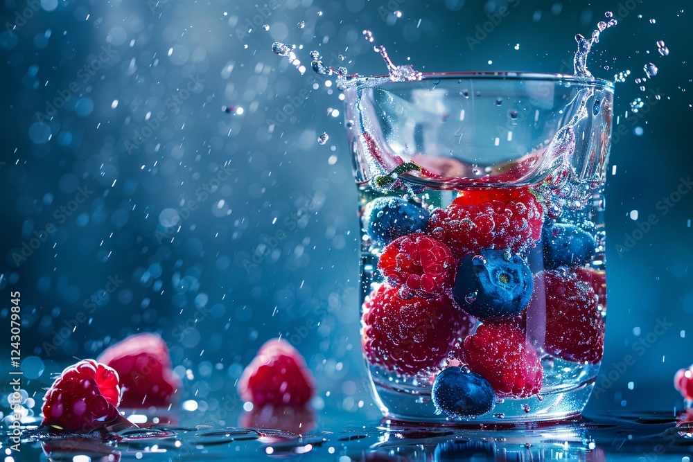 Aufkleber blueberries and raspberries spilling into a glass of water, creating a refreshing burst against a bl