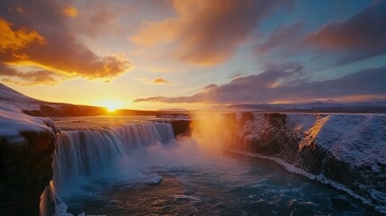 Naklejka premium Iceland winter sunset waterfall scenic landscape