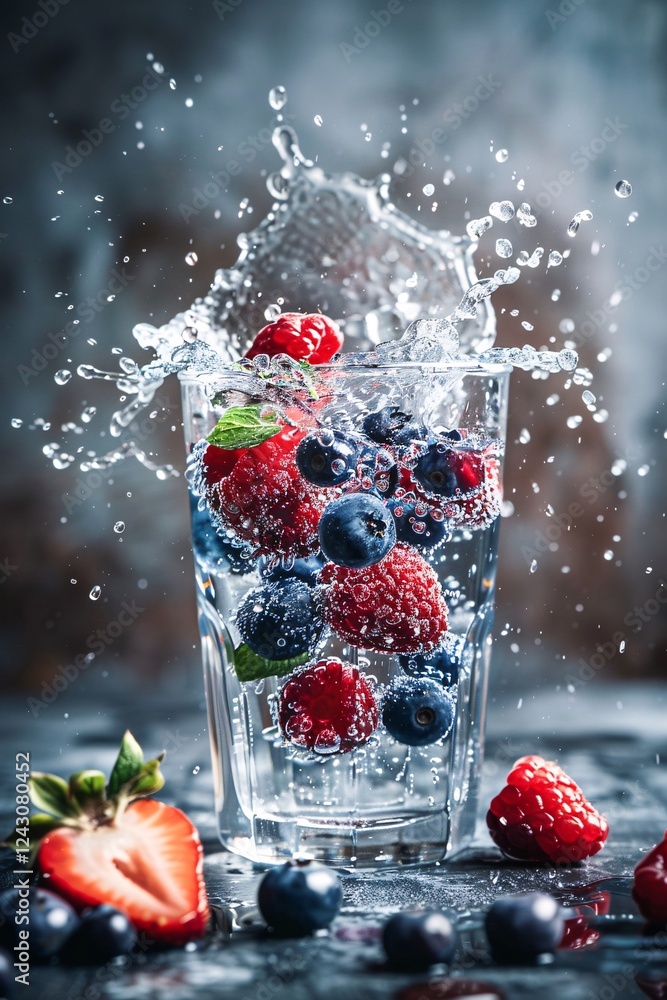 Aufkleber refreshing sparkling water with a burst of fresh blueberries and raspberries