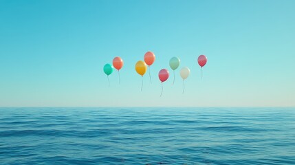 Fototapeta premium Brightly colored balloons drifting over a deep ocean horizon, calm and uplifting composition.
