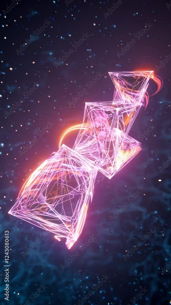 Poster translucent pyramids emitting pink and orange glows in a cosmic setting.