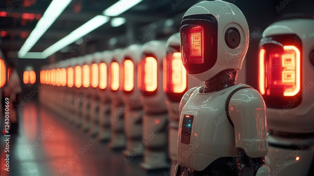 Poster futuristic robots lined up in a dimly lit factory, showcasing advanced technology and design