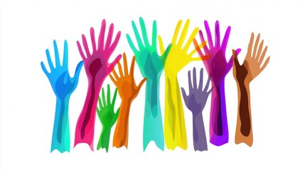Multicolor diverse hands raised in unity graphic illustration design on white background