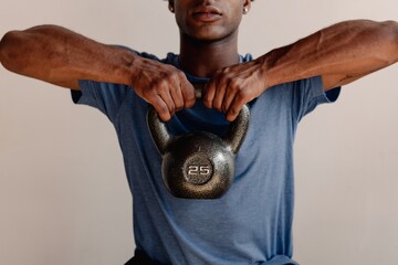 Man holding a 25-pound kettlebell, showcasing strength and fitness. Kettlebell exercise emphasizes...