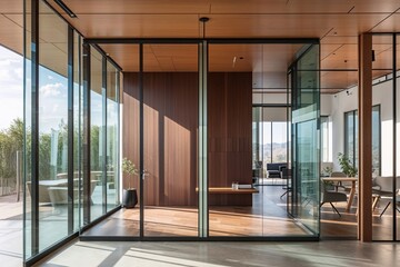 Obraz premium Sophisticated Office Design Featuring Glass Partitions Wood Accents and Minimalist Style in Bright Natural Light